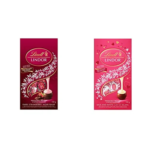 Lindt Lindor Dark Chocolate Strawberry Truffles, 150-Gram Bag & LINDOR Milk and White Chocolate Truffles, Spring Chocolate, Chocolate Bag, 150-Gram Bag