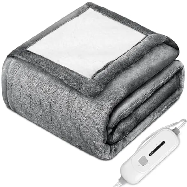 Electric Heated Blanket Throw, Full Body Size Soft Flannel Sherpa Fast Heating Blanket for Winter Cozy Warmth with 3 Heat Levels 4-Hour Auto Off Machine Washable, ETL Certified, 50" x 60" (Grey)
