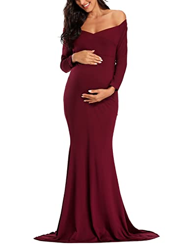Ecavus Women's Off Shoulder Maternity Dress Slim Cross-Front V Neck Long&Short Sleeves Gowns for Photoshoot - Medium - 01-burgundy