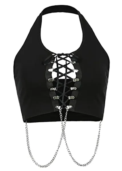 Dark Punk Crop Top with Chains Women Punk Off Shoulder Hollow Out Solid Backless Tops