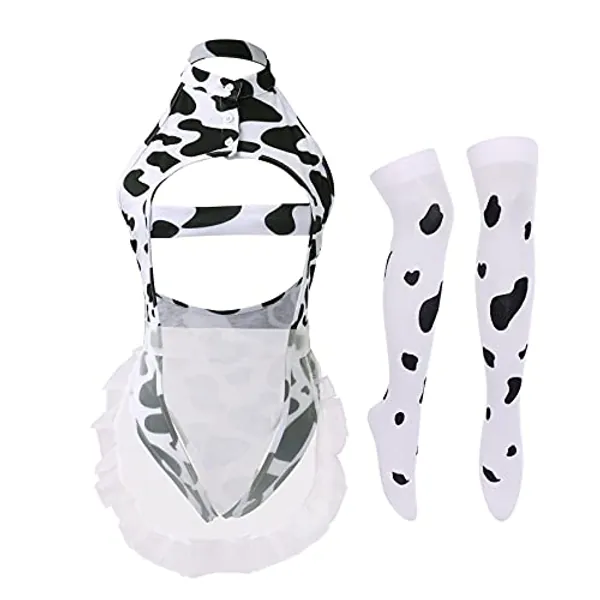 Sexy Cow Milk Leopard Cosplay Costume Kawaii Outfit Anime Lolita Mini Bikini Bra Lingerie Set for Women Teddy Japanese Halter Bodysuit Underwear One Piece Mesh Babydoll Nightwear 2pcs-mesh