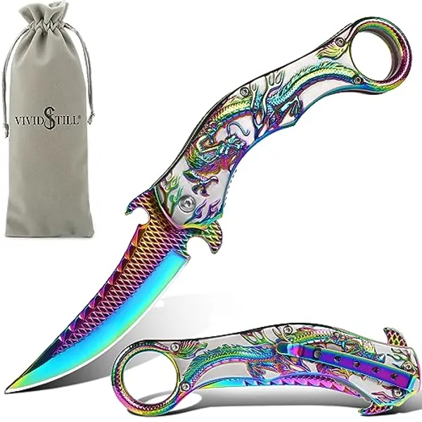Vividstill Pocket Knife for Men, Cool Folding Knife With Embossed 3D Dragon Relief, Great Gift Edc Knife For Men Outdoor Survival Camping Hiking (Rainbow)