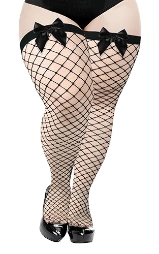 Moon Wood Plus Size Fishnet Stockings with Bows Stay up Lingerie Thigh High Stockings for Women - One Size Plus - Black/Black Bow