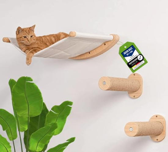 AZANO® Kletterwand Katzen | Katzenhängematte XL [Extra Stabil und Groß] mit Katzentreppe für die Wand | Katzenleiter mit Schlafplatz | Katzenbett zum Klettern aus Natur-Holz | 3-Teilig