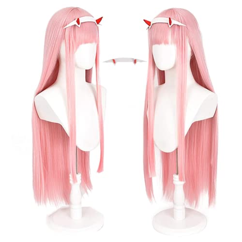 Lshpresx Zero Two Cosplay Perücke Anime Lange Gerade Rosa Kostüm Synthetisches Haar Mit Stirnband + Perückennetz - Zero Two
