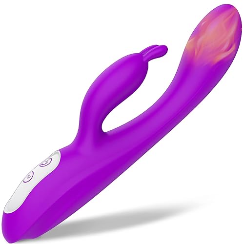 G Spot Rabbit Vibrator with Heating Function and Bunny Ears for Clitoris G-spot Stimulation,Waterproof Dildo with 9 Powerful Vibrations Dual Motor Stimulator for Women or Couple Fun - A-Purple