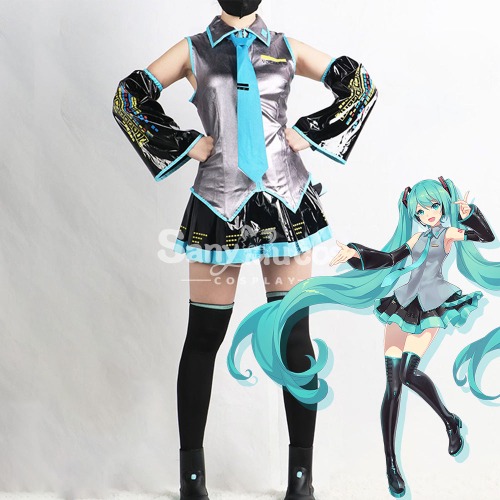 【In Stock】Vocaloid Hatsune Miku Cosplay Gray Patent Leather Cosplay Costume - Costume / S