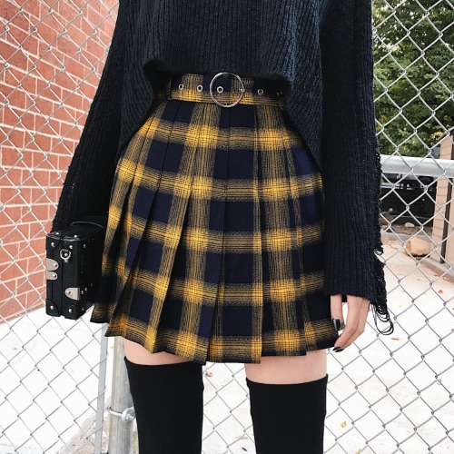 'Miss Morgue' Black and yellow plaid skirt - yellow / S