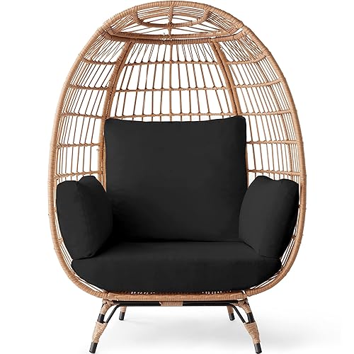 Best Choice Products Wicker Egg Chair, Oversized Indoor Outdoor Lounger for Patio, Backyard, Living Room w/ 4 Cushions, Steel Frame, 440lb Capacity - Black - Black