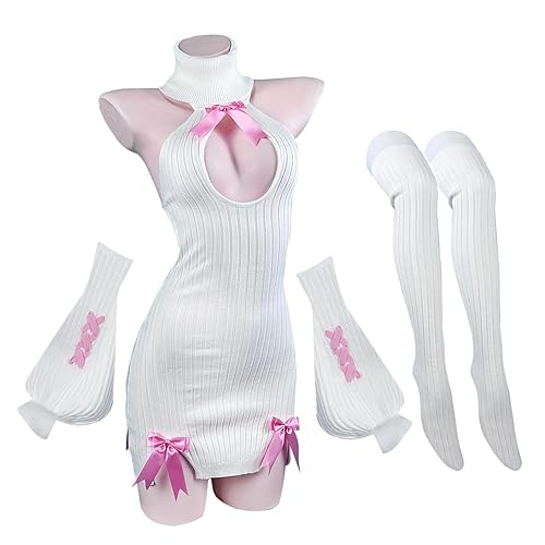 KORURACLUB Bow Sweater Costume（3-PIECE SET） premium sweater cosplay lingerie Bow Sweater succubus lingerie - White - Small/Medium