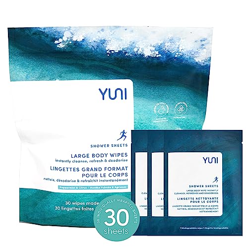 YUNI Beauty Large Body Wipes (Peppermint Citrus, 30 Count) Super Soft Moist Showerless Wipes that Cleanse & Deodorize - On-the-Go No Rinse Body Cleanser - Biodegradable Individually Wrapped Wipes for Travel or After Workout - Peppermint - 30 Count (Pack of 1)