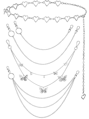 Jadive 5 Pieces Chain Belt Jeans Pants Chain Pocket Waist Chain Multi-Layer Hip Hop Metal Wallet Chain for Men Women - Butterfly, Silver