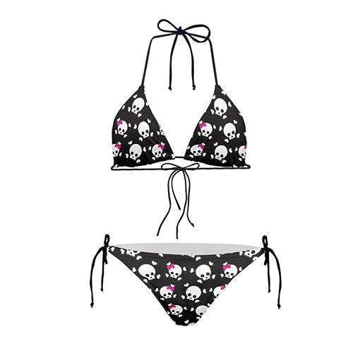 JEOCODY Women's High Waist Halter Bikini Set Two Piece Swimsuits String Triangle Bikini Sets - Large - Pink Skull