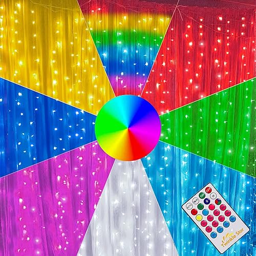 Twinkle Star 300 LED Window Curtain Lights, Christmas Rainbow RGB Color Changing 64 Functional Backdrop Light with Remote, Colorful Icicle String Light for Wedding, Party, Outdoor Indoor Decor - RGB (Red, Green, Blue) - 300 LED