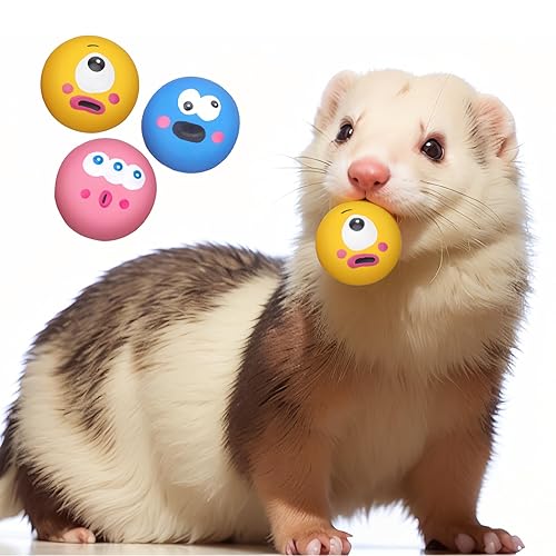 BESNEW Natural Rubber Squeaker Toys for Ferret,High Elasticity Ferret Latex Squeaker Balls 3 Pack,Tough Teething Toys Big Eyes Printed Toy Ball for Small Dogs,Easy to Clean