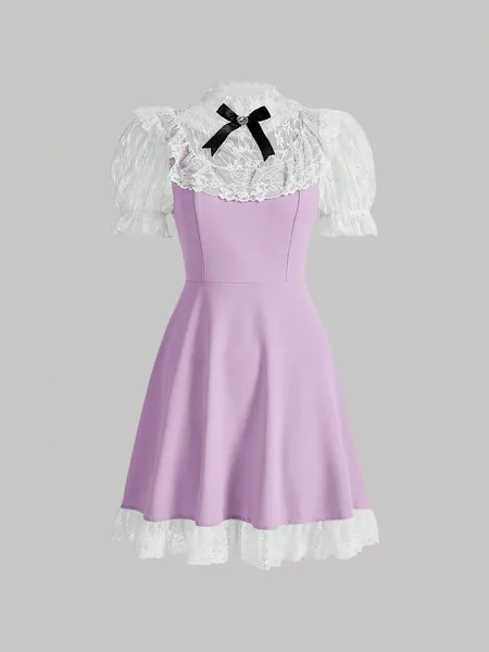 SHEIN MOD Women's Contrast Color Bowknot Front Lace Panel Dress