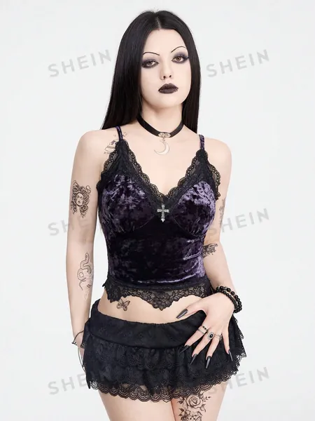 ROMWE Goth Gothic Sexy Tight-Fitting Cropped Women Camisole Top With Lace Trim And Metal Cross
