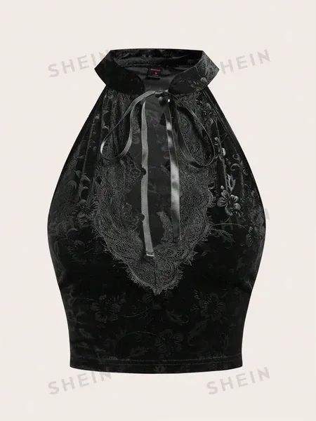 ROMWE PUNK Lace Detail Tie Neck Velvet Halter Top