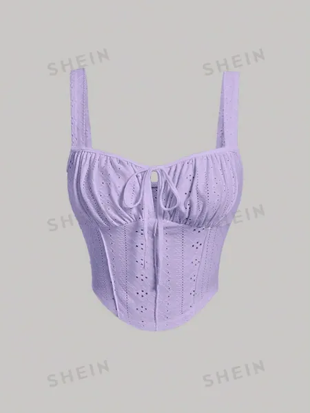 SHEIN MOD Eyelet Embroidery Ruched Bust Tie Front Cami Top
