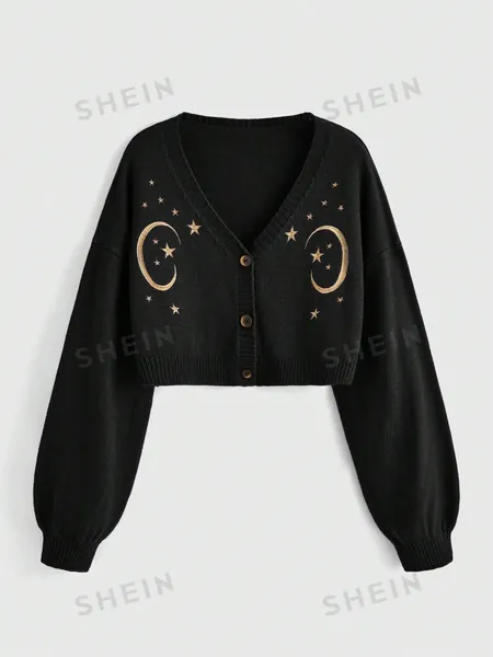 ROMWE Hippie Women's Moon And Stars Embroidery Cardigan