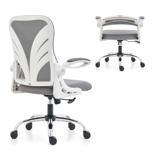 HOLLUDLE Ergonomic Office Chair with Foldable Backrest, Computer Desk Chair with Flip-up Armrests, Mesh Lumbar Support and Tilt Function Big and Tall Office Chair, White - White