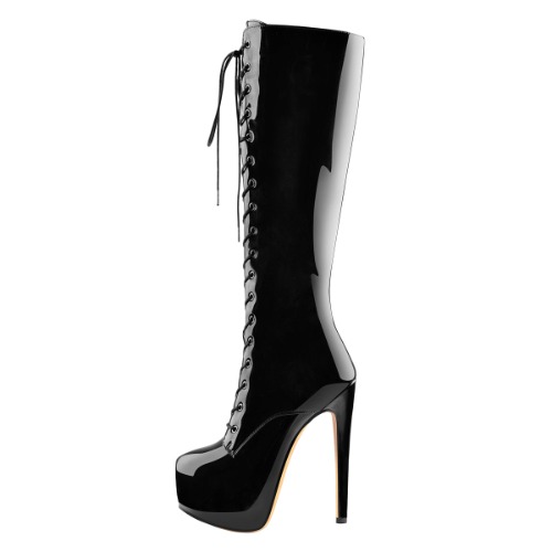 Black Platform Lace-Up Over The Knee High Heel Boot | Black / US8 / Patent Leather