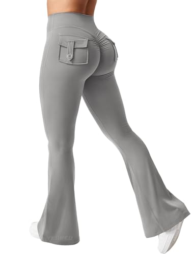 YEOREO Leggings with Pockets for Women Charm Leggings Workout Leggings for Women V Cross Waist Butt Lifting Gym Yoga Leggings - Medium - #3 Light Grey( Flare Leggings)