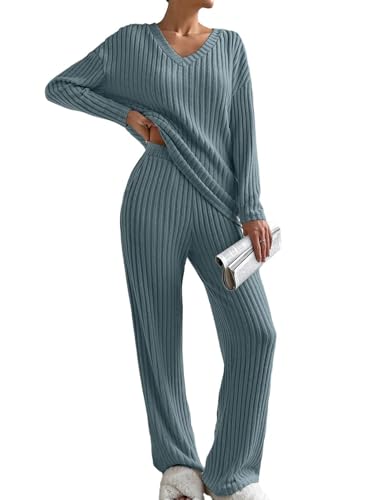 SHEWIN Women's Pajama Sets Long Sleeve 2 Piece Lounge Sets Ribbed Knit Sweater Sleepwear - Medium - B Dusk Blue
