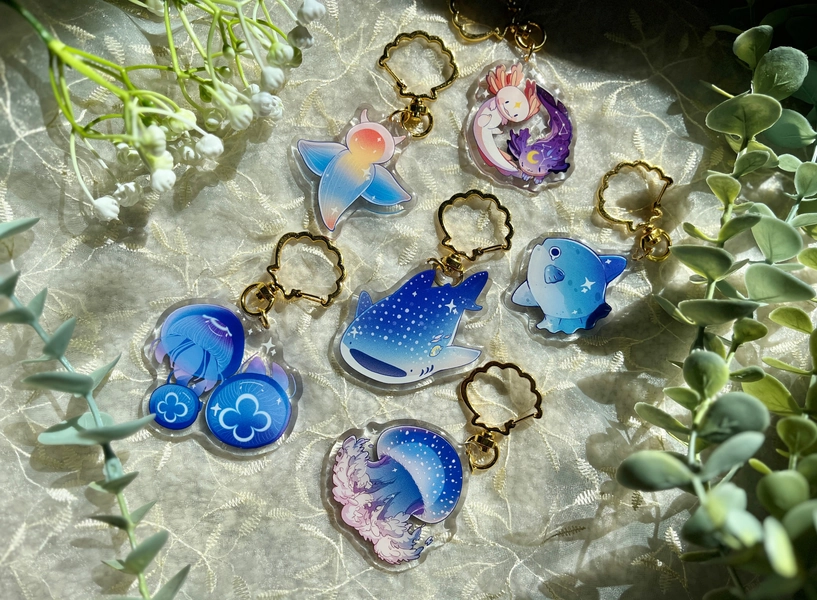 Ocean creatures whale shark sea angel mola Mola sun fish axolotl 2in Acrylic Charm / Keychain