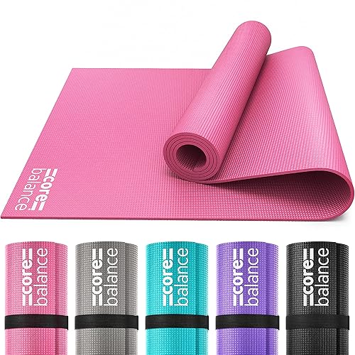 Core Balance Yoga Mat, Thick Foam 6mm, Non Slip, Exercise Fitness Gym, Compact Lightweight With Carry Strap - Pink