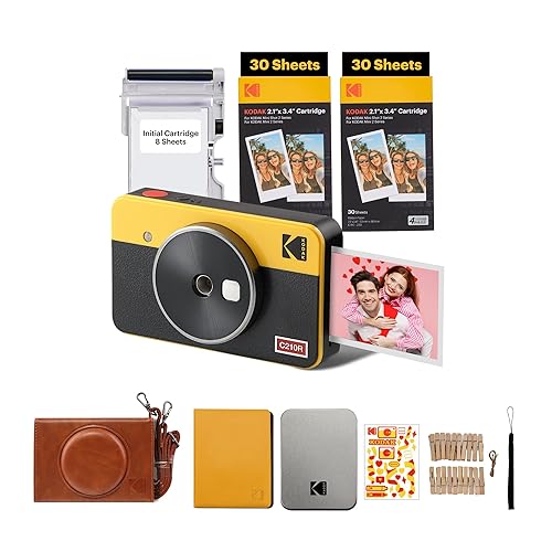 KODAK Mini Shot 2 Retro 4PASS 2-in-1 Instant Digital Camera and Photo Printer (2.1x3.4) Initial 8 Sheets + 60 Sheets Gift Bundle, Yellow - Yellow - 2x3 Camera + 68 Sheets + Gift Accessories
