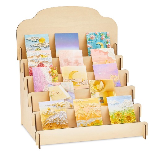 Barydat Tiered Greeting Card Display Stand Wooden Collector Card Rack Display Portable Birthday Card Display Wooden Photo Display Holder for Postcards Hair Clips Display(Beige,15.8 x 13 x 17.7 Inch)