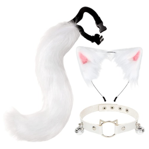 Generic Fox Ears Hair Hoop & Fox Tail Set, Soft Faux Fur Fox Costume Fancy Dress Cosplay Animal Dress Up Adult Kids Halloween Party Costume - White - white