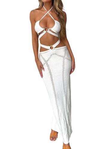Urkutoba Women Sleeveless Knit Long Dress Spaghetti Strap Maxi Dress Sexy Cutout Bodycon Long Beach Dress - White - Large