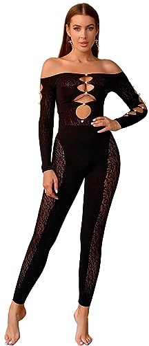 Bommi Fairy Women's Sexy Tight Hollow Out Long Sleeve Fishnet Sparkle Bright Artificial Pearls Bodystocking Rave Outfits Stretchy Suit One Size - Black