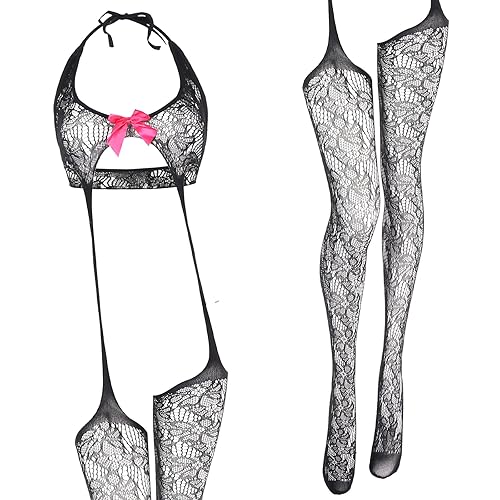 Telooco Women's Erotic Bodystockings Pink Bow Lingerie Set Black Lace Fishnet Body Stockings Hollow One Piece Lingerie Suspender Sexy Mesh Underwear for Valentine's Day Gifts