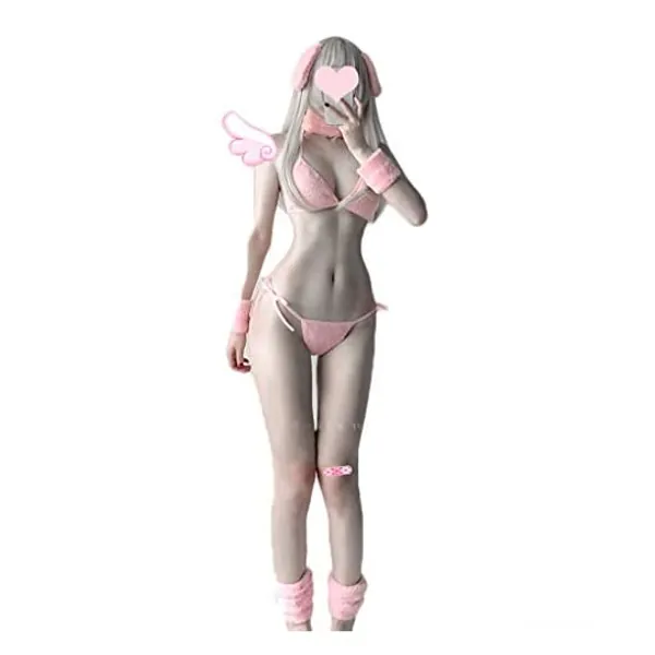 
                            Women Sexy Lingerie Set Furry Bunny Cosplay Costume Japanese Anime Micro Bikini Pink Bra and Panty Lolita Underwear
                        