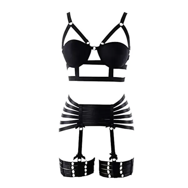 
                            Full Body Harness Bra Garter Set cage Women's Punk Gothic Lingerie Festival Rave Photography Dance Accessories Plus Size (Black O0211+P0126)
                        
