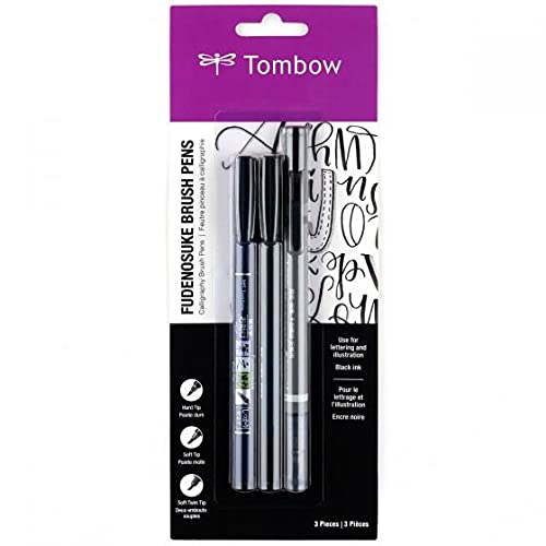 Tombow 62039 Fudenosuke Brush Pens, 3-Pack. Soft, Hard, and Twin Tip Markers for Calligraphy and Art Drawings - 3 Count (Pack of 1) Black