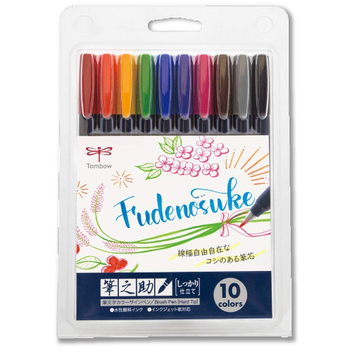 Tombow Fudenosuke Brush Pen - Hard - 10 Colors Set (WS-BH10C) - 