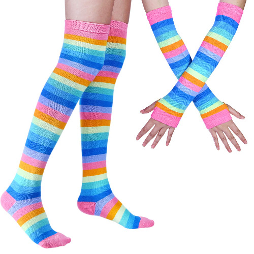 Womens Rainbow Socks Striped Knee High Socks Arm Warmer Fingerless Gloves Set - Pink