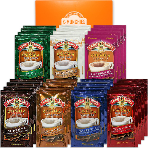 K-Munchies Land O Lakes Premium Hot Chocolate Mix - 28 (1.25 oz) Assorted Hot Cocoa Packets in a Box with 7 Classic Flavors - Rich Creamy Flavors in Every Sip - Hot Chocolate Gift Sets for Any Season - Variety 1 Count (Pack of 28)