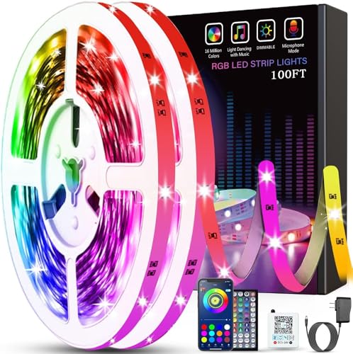 Tenmiro Led Lights for Bedroom 100ft (2 Rolls of 50ft) Music Sync Color Changing Strip Lights with Remote and App Control RGB Strip, for Room Home Party Decoration - 100FT