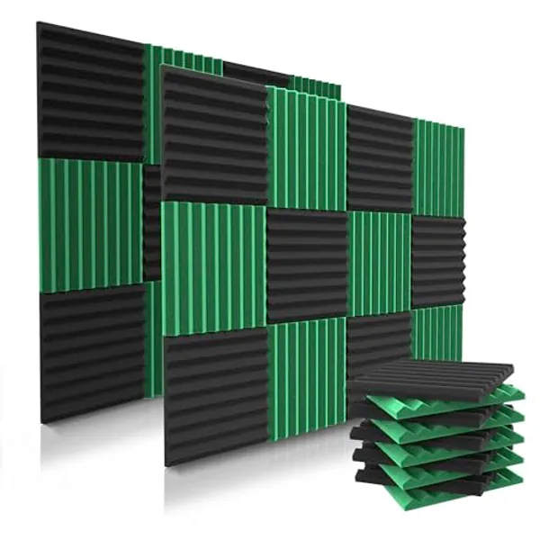 52 Pack Acoustic Panels 1 X 12 X 12 Inches - Acoustic Foam - Studio Foam Wedges - High Density Panels - Soundproof Wedges - Black/Green