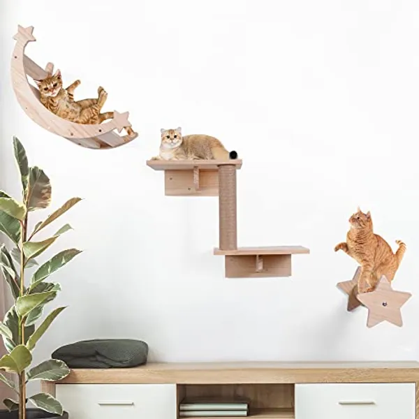 Cat Wall Shelves - Cat Wall Furniture - Mounted Indoor Cats Furniture Solid Wood for Cat Sleeping Playing Lounging Climbing, 1 Moon Cat Houses & 2 Cat Shelves & 2 Cat Scratching Post