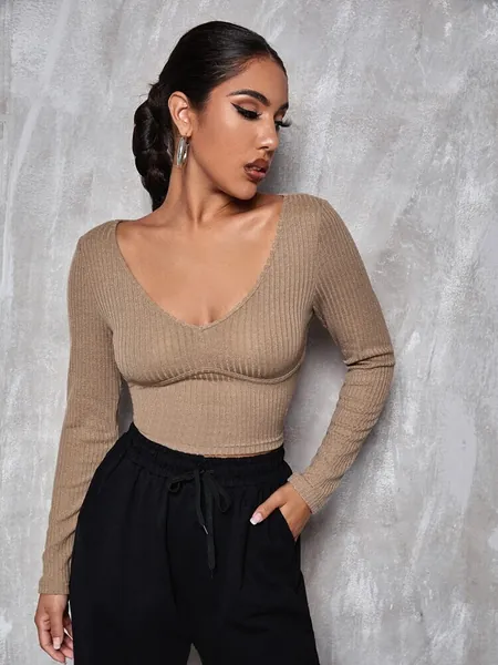 Mocha Brown V Neck Solid Fitted Crop Tee