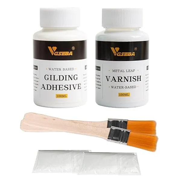 VGSEBA Gold Leaf Gilding Adhesive Set, 100ml Water Based Metal Leaf Glue and 100ml Varnish for Craft, Arts Use (200ml + 2 Brushes + 2 Gloves)