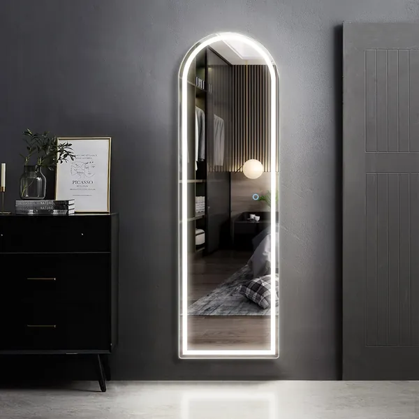 Kasibie Full Length Mirror with LED Lights, Arched Lighted Mirror, Wall Mounted Mirror, Over The Door Hanging Mirror, Leaning Against Wall Mirror, Sleek Arched Mirror for Bedroom Living Room (Black)