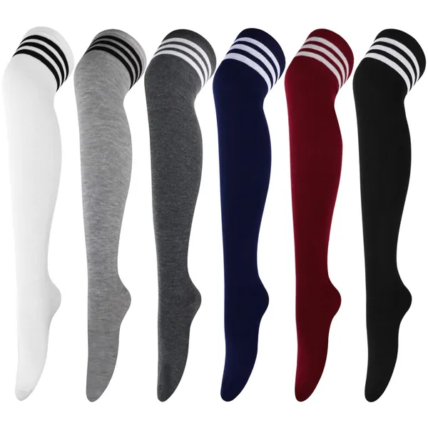 DRESHOW 6 Pairs Extra Long High Thigh Socks Striped Over Knee Thin Tights Long Stocking for Women Leg Warmer