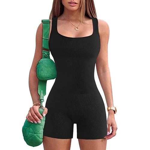 Yoga Jumpsuit for Women Ribbed One Piece Tank Top Sleeveless Bodycon Sport Shorts Gym Romper Workout Bodysuit - X-Large - Black